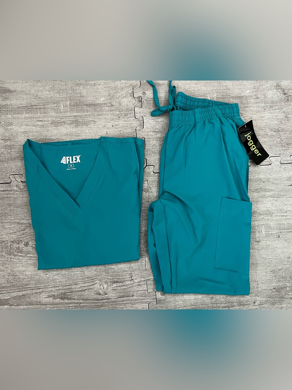 4FLEX Medical Scrub Set Solid Teal V-Neck Top & Jogger Pants S